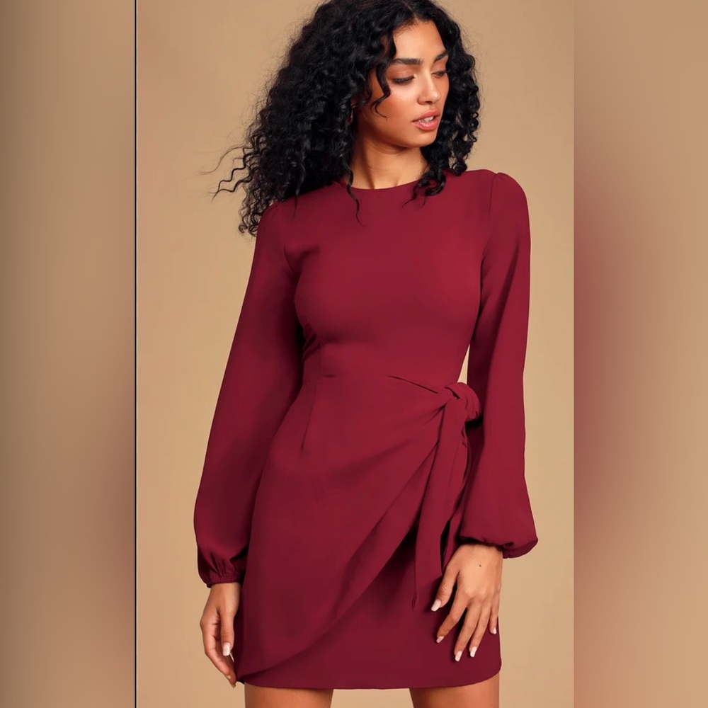 Lulu’s wine red skater dress with front tie wrap and long sleeves mid thigh